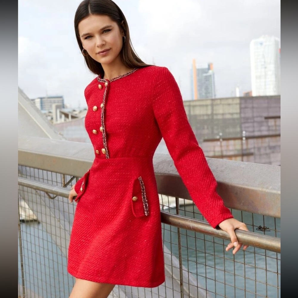 Shein Red Tweed Dress with Gold Buttons - Picture 2 of 11